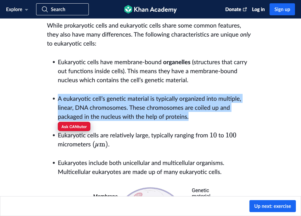 A Khan Academy biology article with a paragraph highlighted and a red “Ask CANtutor” button beside it.