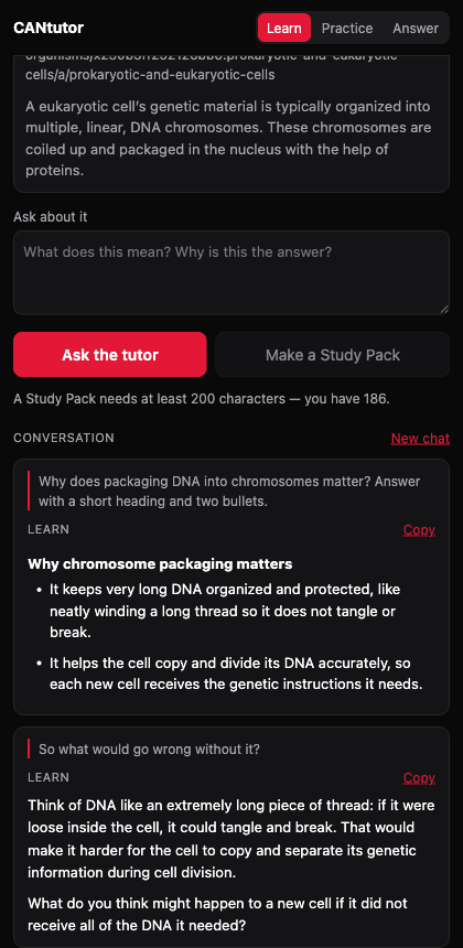 The CANtutor side panel showing a highlighted paragraph from a Khan Academy article and the tutor's answer beneath it.